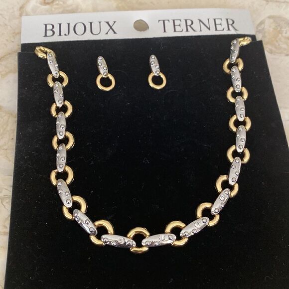 NEW! Bijoux Terner Two Tone Silver & Gold Tone Choker & Earrings Set 4 CZ Stones - Picture 1 of 7